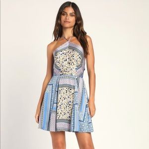 NWT Lulu’s Forever Mesmerizing Blue Scarf Print Halter Mini Dress